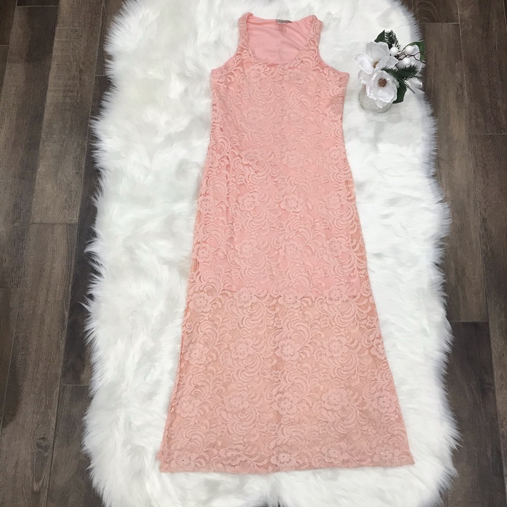 Floral Lace Long Dress Pink/Coral